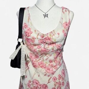 Breakin Loose Vintage 90s Floral Chiffon Midi Dress Pink Cream 13/14